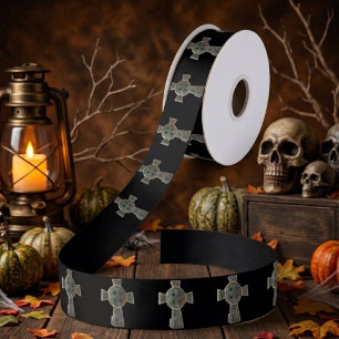 Gothic-Halloween-Friedhof-Grabstein-Kreuz-Zeichnun Satinband