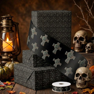 Gothic-Halloween-Friedhofs-Grabstein-Kreuz-Zeichnu Satinband