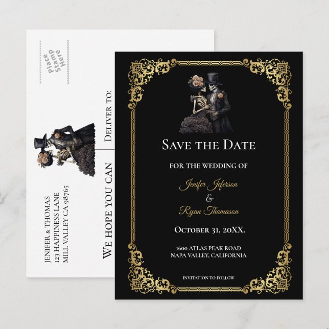 Gothic Halloween-Hochzeit Save-the-Date Postkarte (Vorne/Hinten)