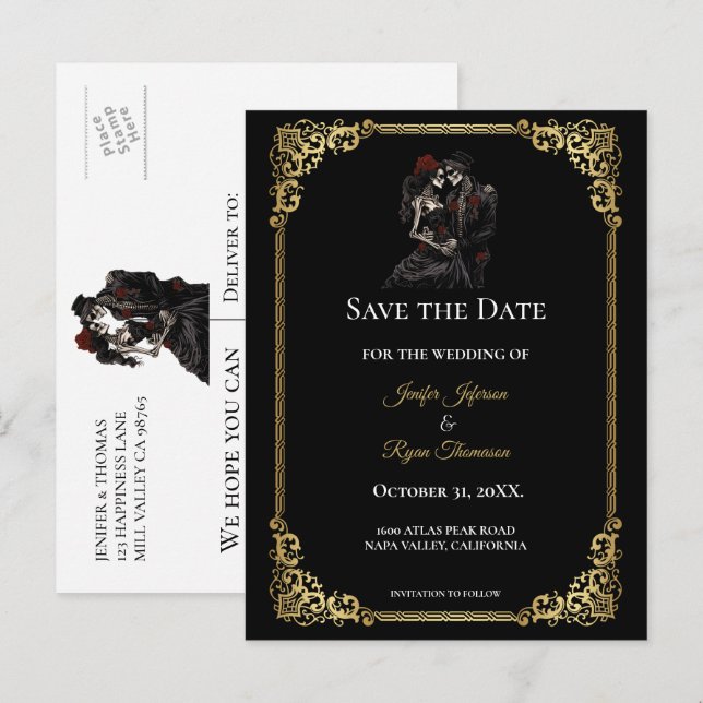 Gothic Halloween-Hochzeit Save-the-Date Postkarte (Vorne/Hinten)