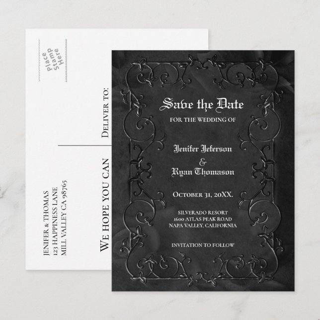 Gothic Halloween Hochzeit Save-the-Date Postkarte (Vorne/Hinten)