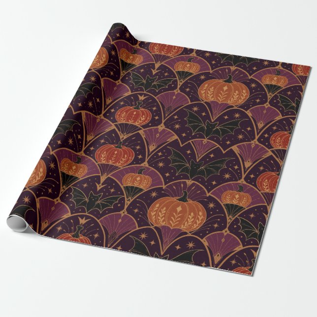 Gothic Halloween-Kürbis und Fledermaus-Damaskus Geschenkpapier (Ungerollt)