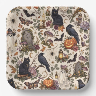 Gothic Halloween Ravens Cats Ghosts Floral Pattern Pappteller