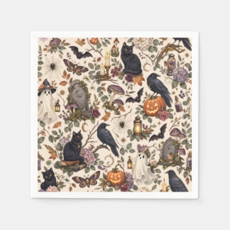 Gothic Halloween Ravens Cats Ghosts Floral Pattern Serviette