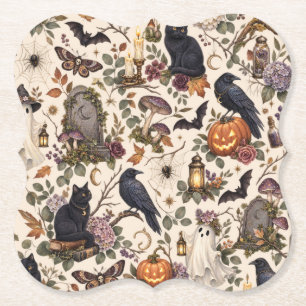 Gothic Halloween Ravens Cats Ghosts Floral Pattern Untersetzer