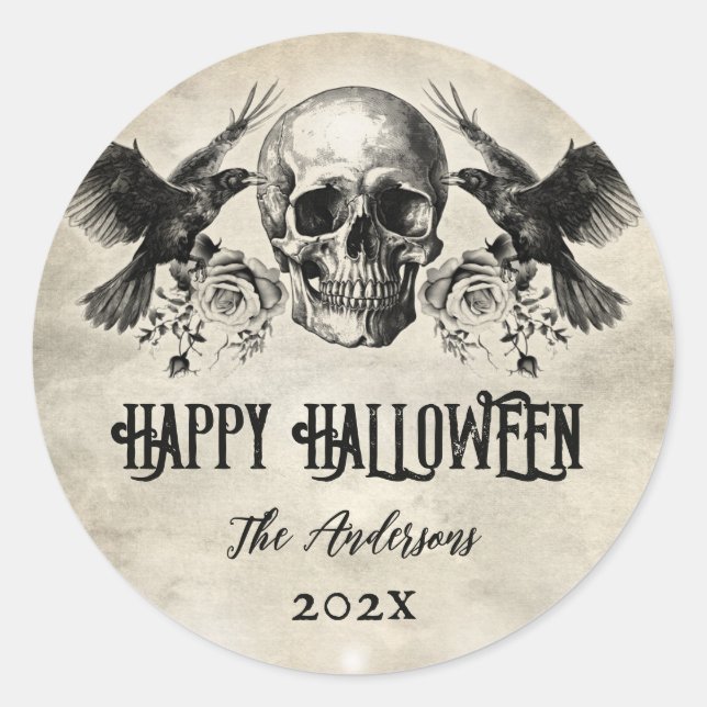 Gothic Halloween Schädelhammer raven schwarze Rose Runder Aufkleber (Vorderseite)