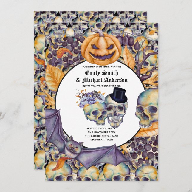 Gothic Halloween Skulls Party Invite Watercolor Einladung (Vorne/Hinten)