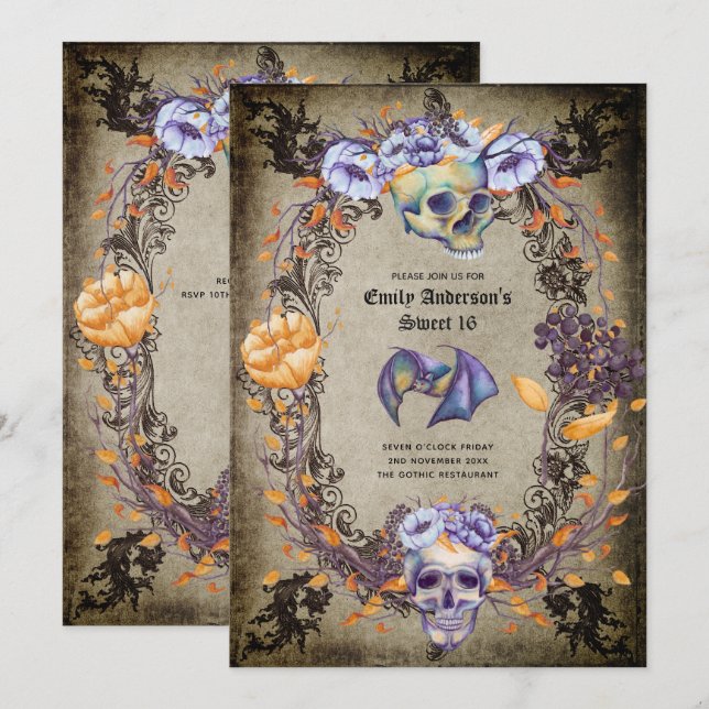 Gothic Halloween Skulls Party Invite Watercolor Einladung (Vorne/Hinten)