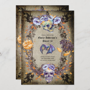 Gothic Halloween Skulls Party Invite Watercolor Einladung