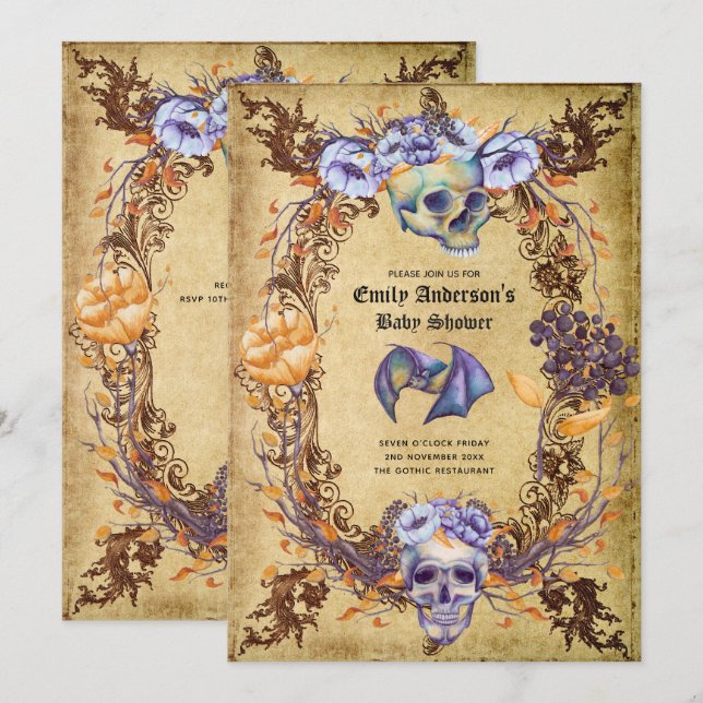 Gothic Halloween Skulls Party Invite Watercolor Einladung (Vorne/Hinten)
