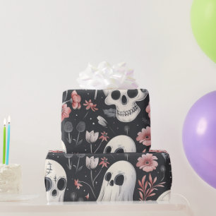 Gothic Halloween Vintage-Totenkopf-Geister-Blumen Geschenkpapier