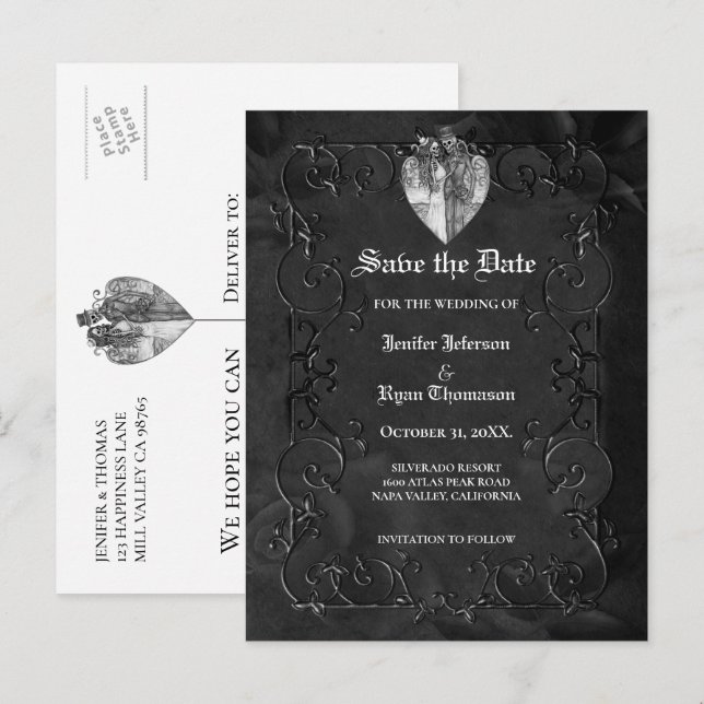Gothic halloween wedding save the date postcard ankündigungspostkarte (Vorne/Hinten)