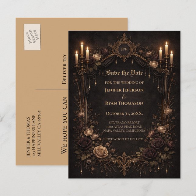 Gothic halloween wedding save the date postcard ankündigungspostkarte (Vorne/Hinten)
