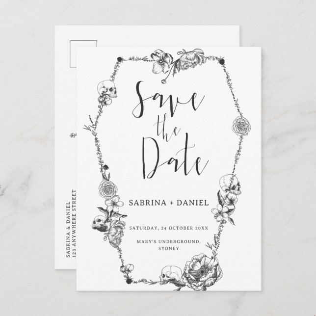 Gothic Hand gezeichnete Blume Skull Save the Date Postkarte (Vorne/Hinten)