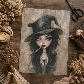 Gothic Hexe raucht Zigarre Halloween Decoupage Seidenpapier