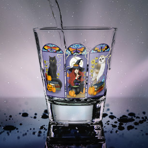 Gothic Hexe schwarze Katze Eule Halloween Jugendst Schnapsglas