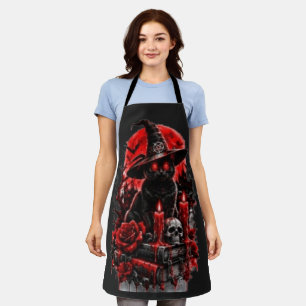 Gothic Hexe schwarze Katze Halloween Schädel Kerze Schürze