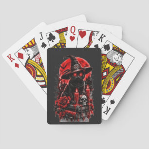 Gothic Hexe schwarze Katze Halloween Schädel Kerze Spielkarten