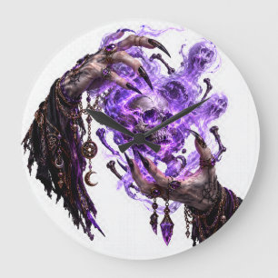 Gothic Hexenhände brennen violette Schädelwanduhr Große Wanduhr