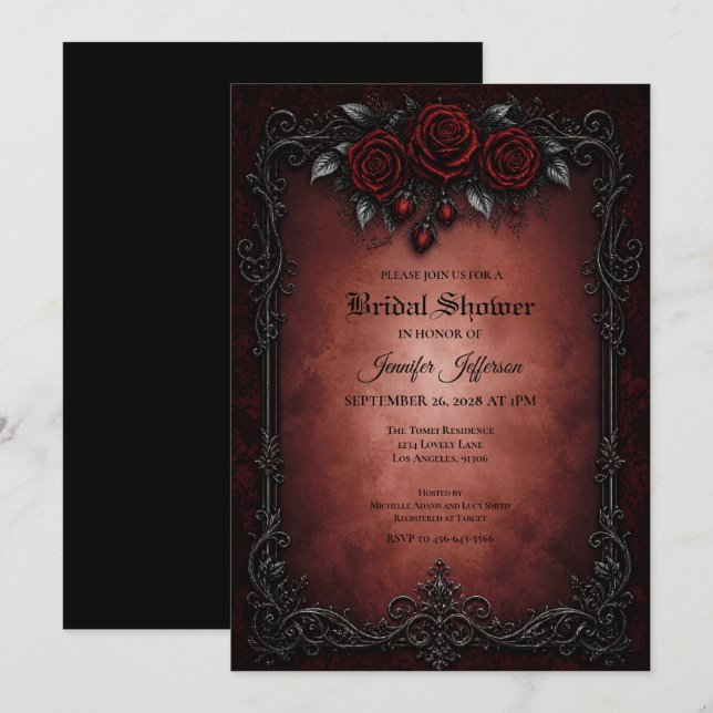 Gothic Hochzeitsdusche Einladung mit roten Rosen (Vorne/Hinten)