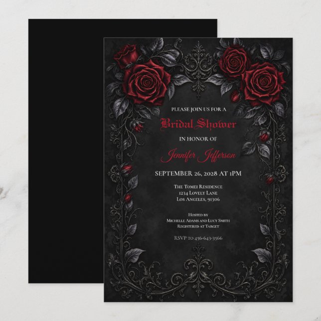 Gothic Hochzeitsdusche Einladung mit roten Rosen (Vorne/Hinten)