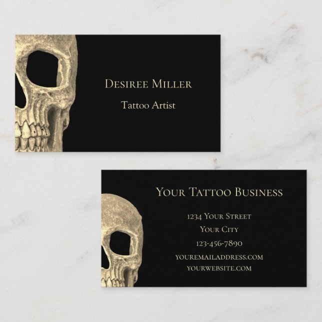 Gothic Human Skull Face Beige Black Tattoo Shop Visitenkarte (Vorne/Hinten)
