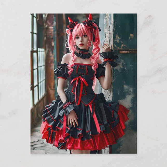 Gothic Kawaii Maid mit roten Braids Postkarte (Vorderseite)