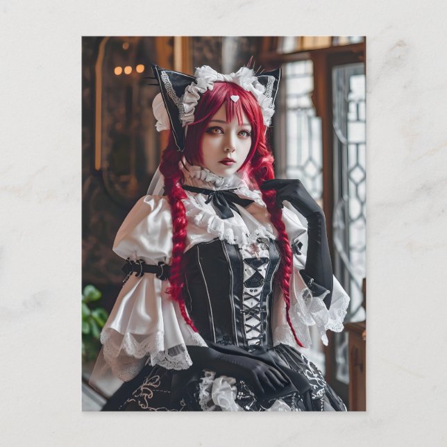 Gothic Kawaii Maid mit roten Braids Postkarte (Vorderseite)