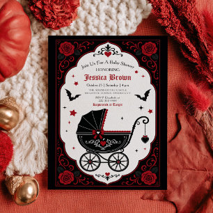 Gothic Kinderwagen Rot & Schwarz Halloween-Baby-Pa Einladung