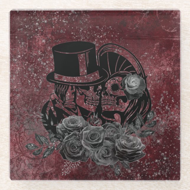 Gothic Kissing Skulls Couple und Blut rot ewigen Glasuntersetzer (Vorderseite)