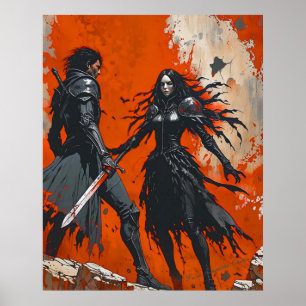Gothic Knight Duel Poster - Dark Fantasy Art