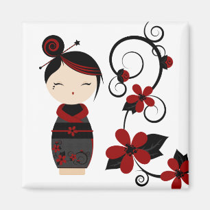 Gothic Kokeshi und Blume Magnet