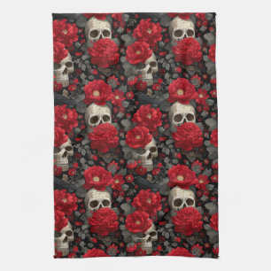Gothic-Krähe und Totenkopf-Blumen nahtloses Muster Geschirrtuch