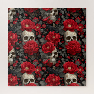 Gothic-Krähe und Totenkopf-Blumen nahtloses Muster Puzzle