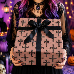 Gothic Kreuz und Spinnennetz Rosa Halloween-Muster Geschenkpapier