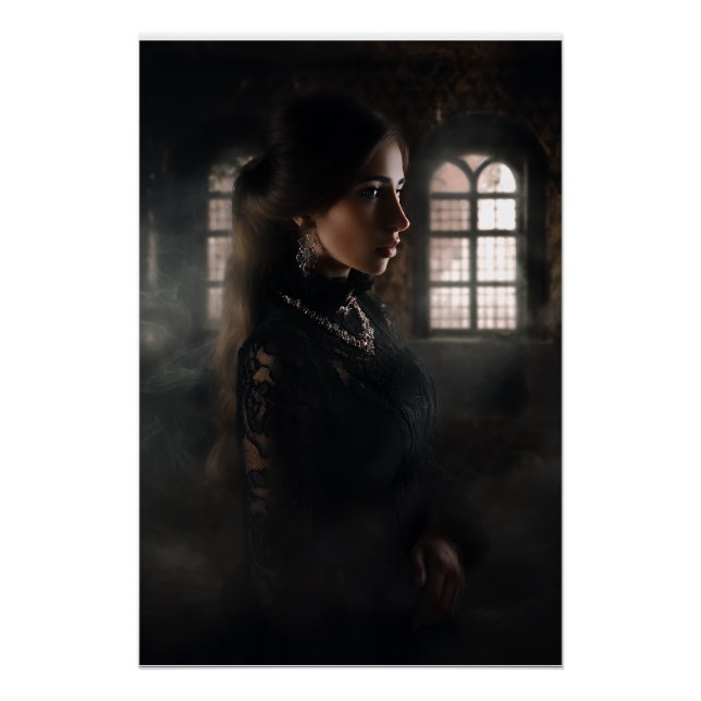 Gothic-Lace-Frau in nebliger Steinkammer Poster (Vorderseite)