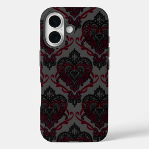 Gothic-Lace-Herz-Damaskus — Rot- und schwarze Hand iPhone 16 Hülle