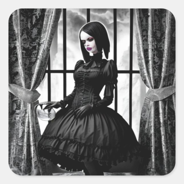 Gothic Lady in Black Dress Spooky Halloween Quadratischer Aufkleber (Vorderseite)