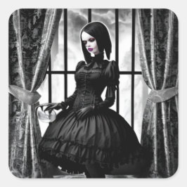 Gothic Lady in Black Dress Spooky Halloween Quadratischer Aufkleber