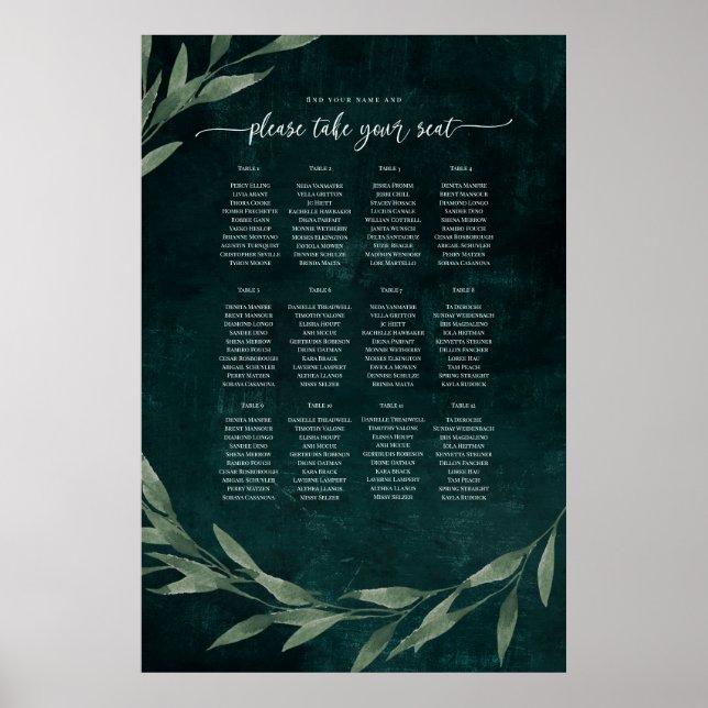 Gothic Leave dreamy EMERALD GREEN, Seating Plan Poster (Vorne)