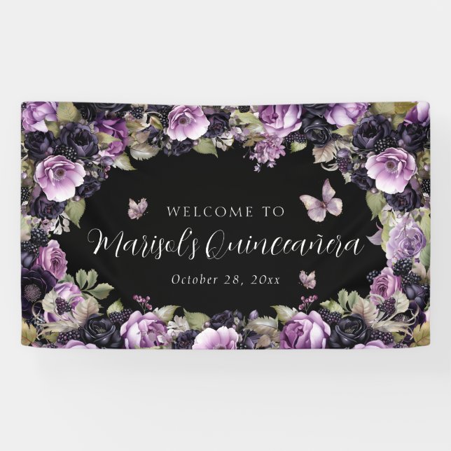 Gothic Lila & Black Moody Florals Quinceañera Banner (Horizontal)