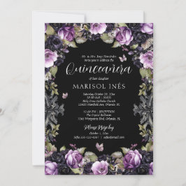 Gothic Lila & Black Moody Florals Quinceañera Einladung