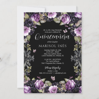 Gothic Lila & Black Moody Florals Quinceañera Einladung