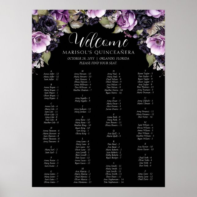 Gothic Lila & Black Moody Florals Quinceañera Poster (Vorne)