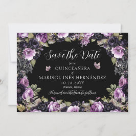 Gothic Lila & Black Moody Florals Quinceañera Save The Date