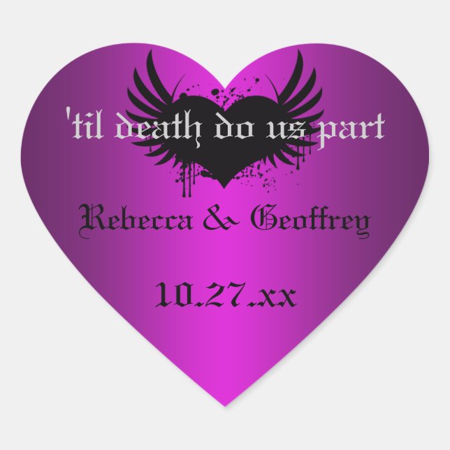 Gothic Lila, Black Winged Heart Wedding Sticker (Vorderseite)