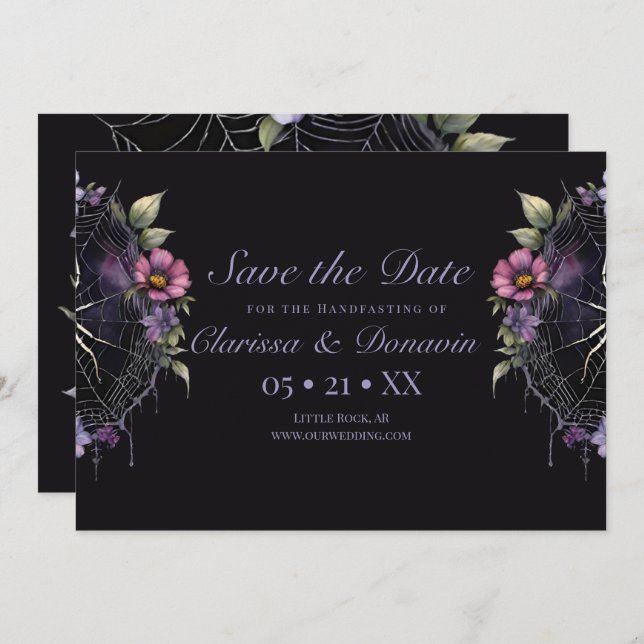 Gothic Lila Floral Spider Web Handfasting Save The Date (Vorne/Hinten)