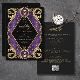 Gothic Lila & Gold Skull Rahmen zweiseitig Einladung