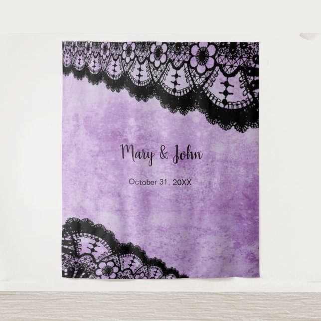 Gothic Lila Grunge Black Lace Foto Hintergrund Wandteppich (Vorderseite)
