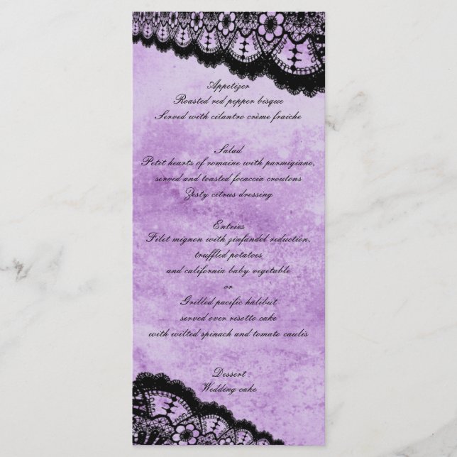 Gothic Lila Grunge Black Lace Wedding Menu Menükarte (Vorderseite)